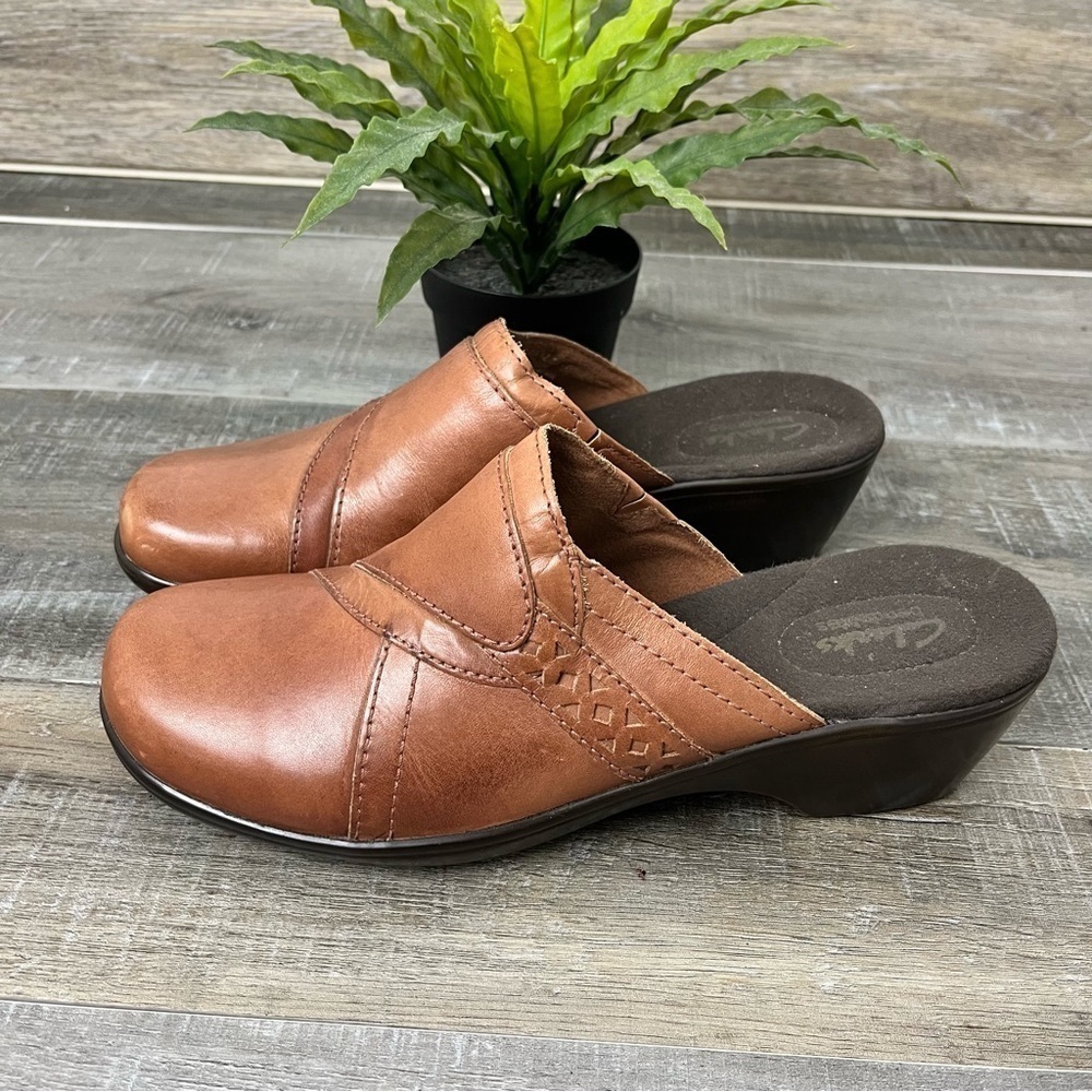 Clarks Bendables Brown Leather Slide Mules Size 8.5 Women’s - Picture 4 of 10